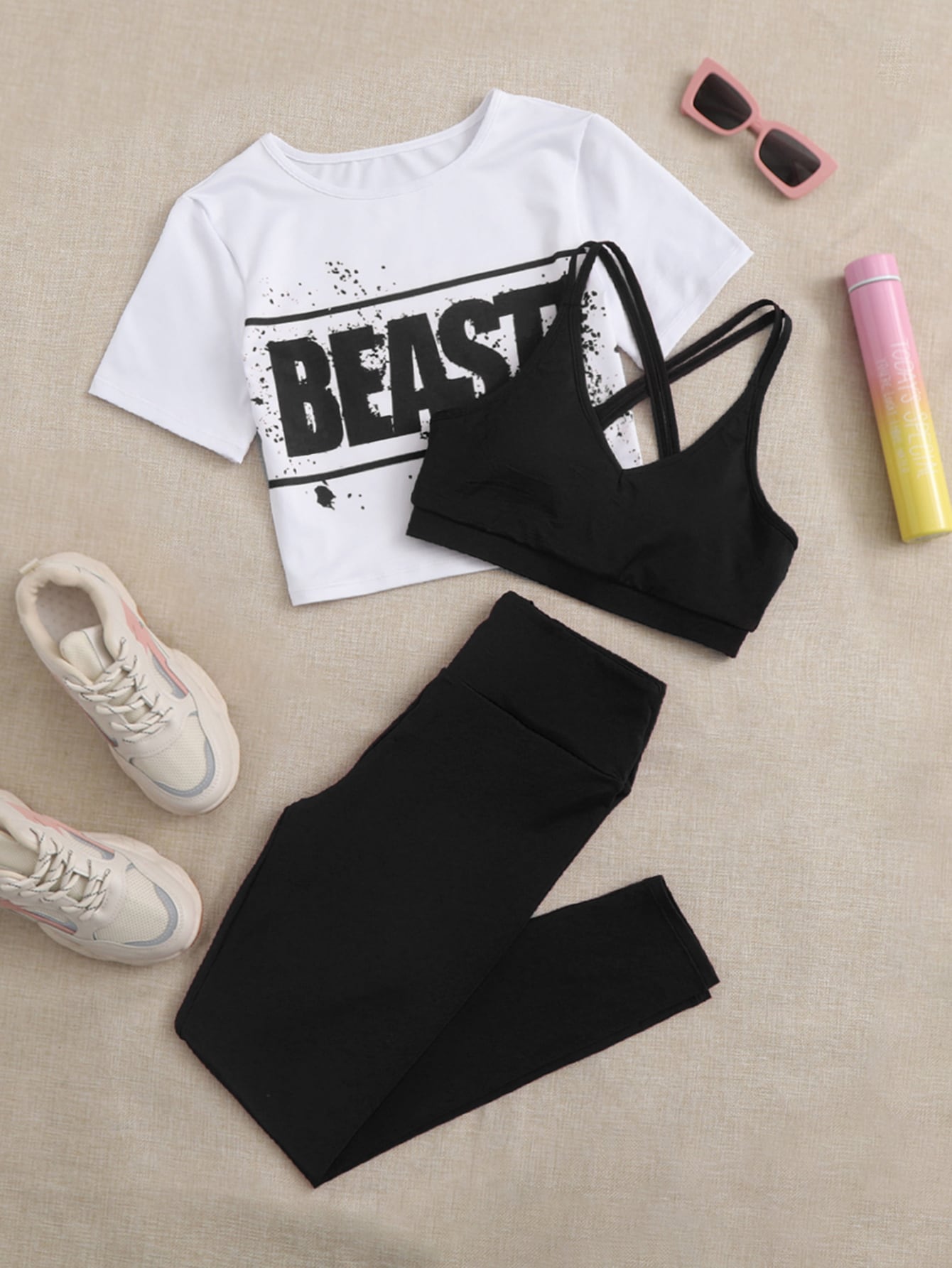 3pcs Splatter Paint Print Yoga Set Gym Wear Crop Tee & Crisscross Sports Bra & Leggings